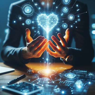 Digital heart in hands
