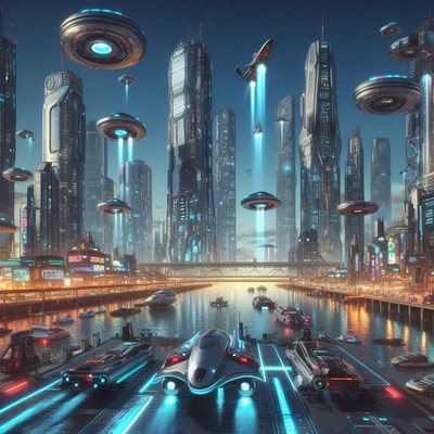 Futuristic cityscape with flying vehicles