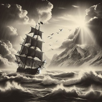 Sailing ship through stormy sea
