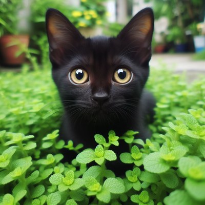 Black cat peeking through green foliage