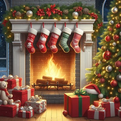Cozy christmas fireplace with stocking