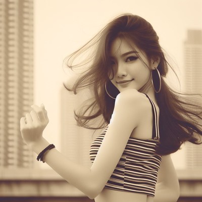 Woman with long hair posing in city