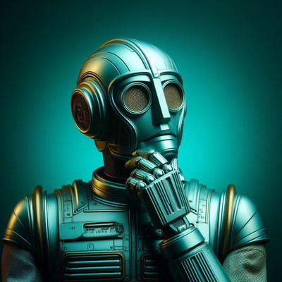 Metallic robot thinking against teal background