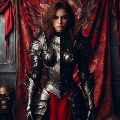Woman in black armor with red drapery
