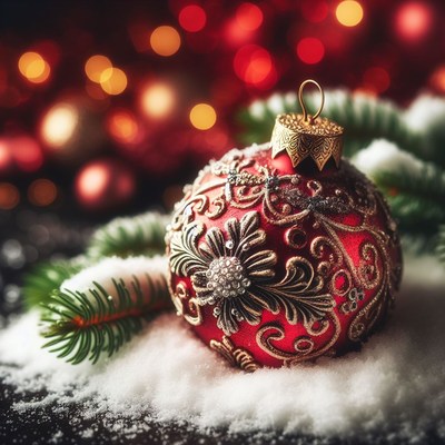 Ornate christmas ornament on snow