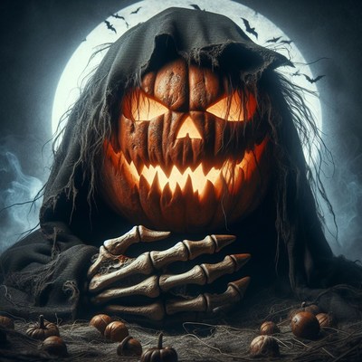 Jack-o'-lantern reaper under full moon