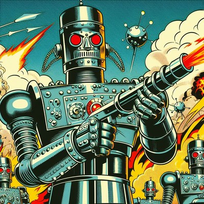 Robot army firing weapon