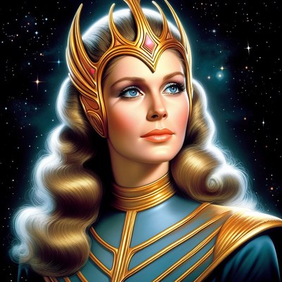 Woman in gold crown against starry sky