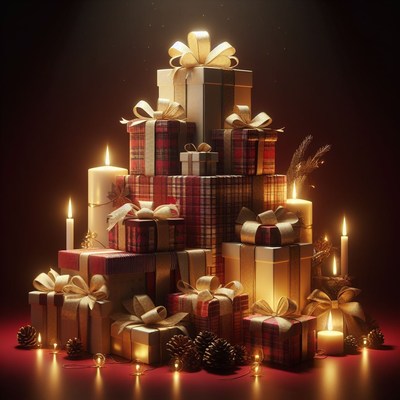 Stacked christmas gifts with candles