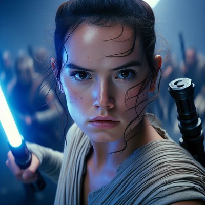 Rey with lightsaber in star wars