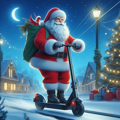 Santa claus rides electric scooter on snowy night