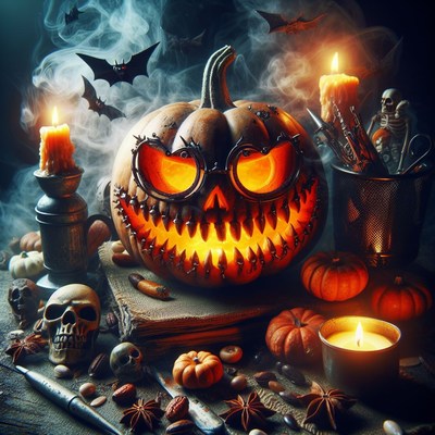 Glowing jack-o'-lantern with goggles