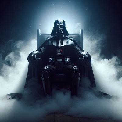 Darth vader sitting on throne in smoke