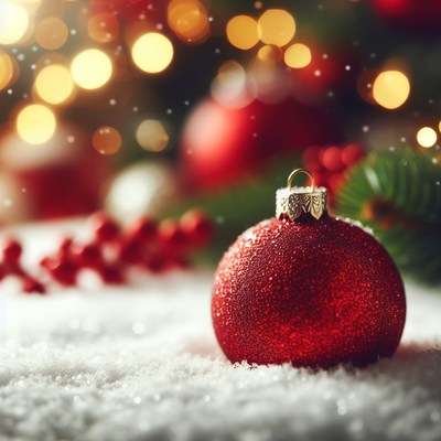 Red christmas ornament on snow