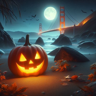 Halloween pumpkin on golden gate bridge