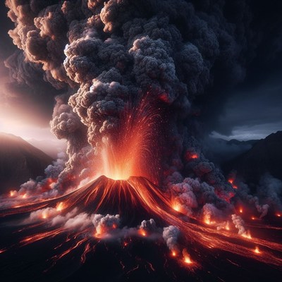 Volcano erupting in dramatic sunset