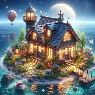 Luminous cottage on a moonlit island