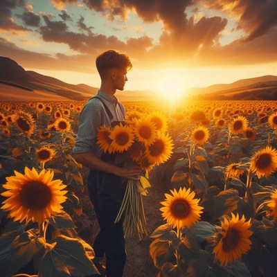 Man holding sunflowers at sunset