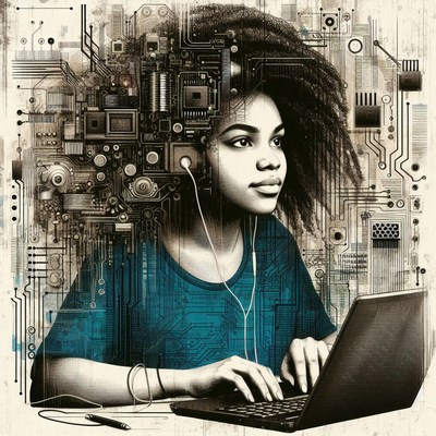 Woman using laptop with circuitry background