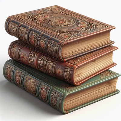 Stack of ornate leather-bound books