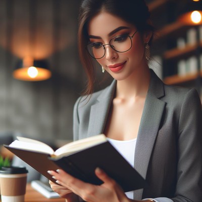 Woman reading book in cafe