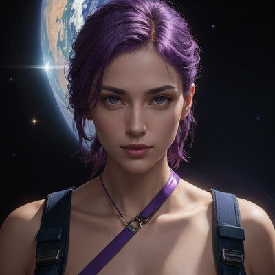 Woman with purple hair in space