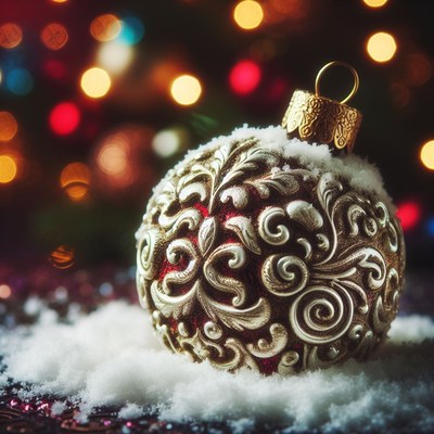 Ornate christmas ornament in snow
