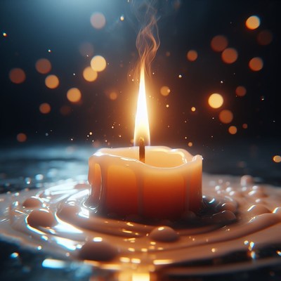 Burning candle in melted wax