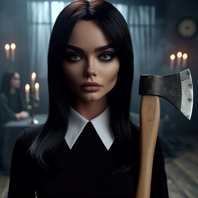 Woman holding axe in dark room