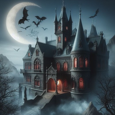 Gothic mansion under a crescent moon
