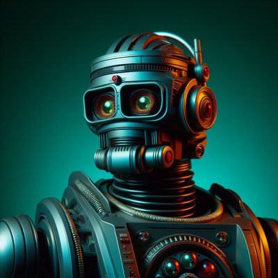 Retro robot portrait against teal background