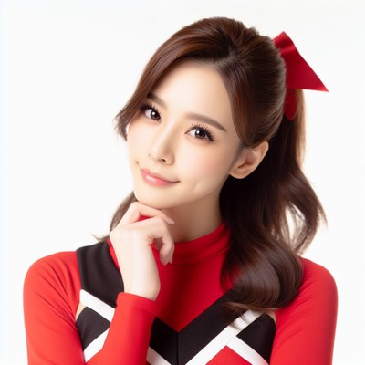 Woman in red cheerleader outfit with ponytail