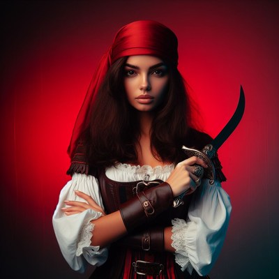 Pirate woman with sword against red background