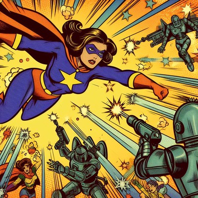Superheroine fights robots