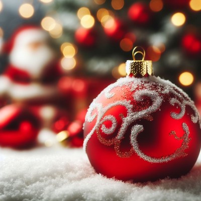 Red christmas ornament with snow