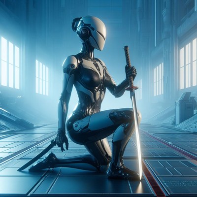 Cyberpunk woman kneeling with sword