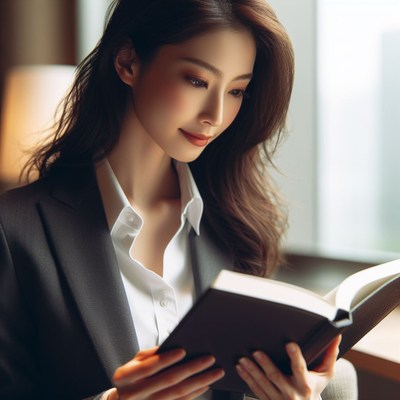 Woman reading book in office