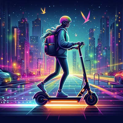 Woman riding electric scooter at night