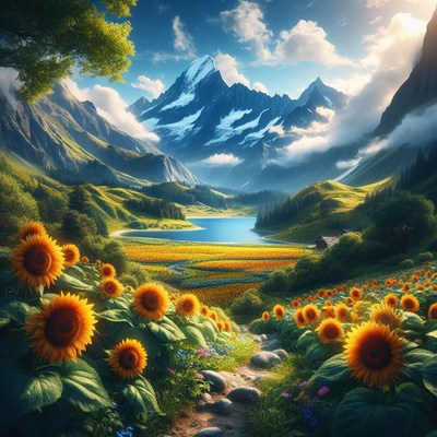 Mountain lake with sunflowers