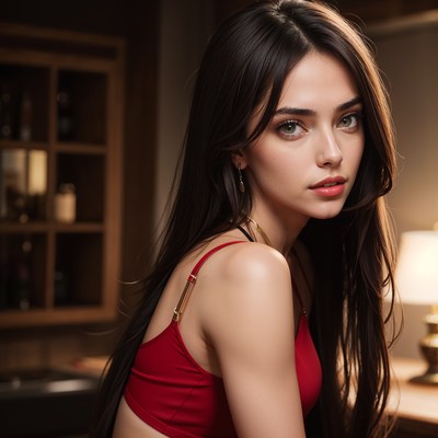 Woman in red lingerie looking away