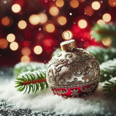 Ornate christmas ornament in snow