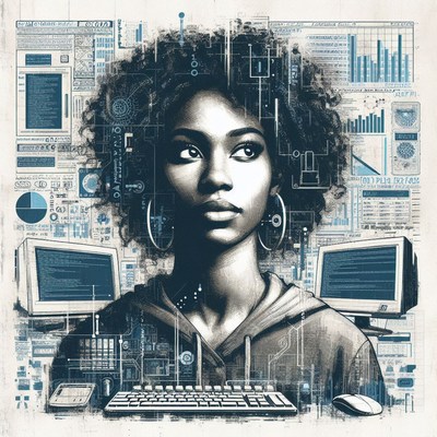 Woman working at computer with digital background