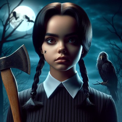 Girl with axe under moonlight