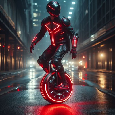 Man riding illuminated unicycle in city