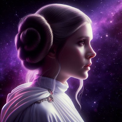 Princess leia portrait against purple nebula