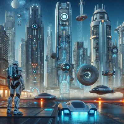 Futuristic cityscape with robot and flying cars