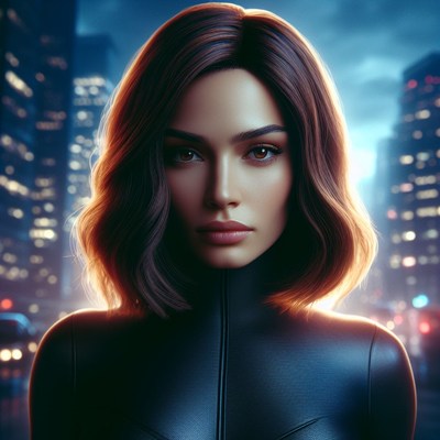 Woman posing in futuristic cityscape