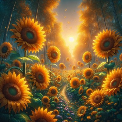 Sunflowers in a forest path at sunset