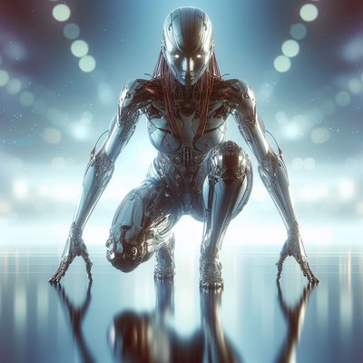 Metallic female robot in starting position