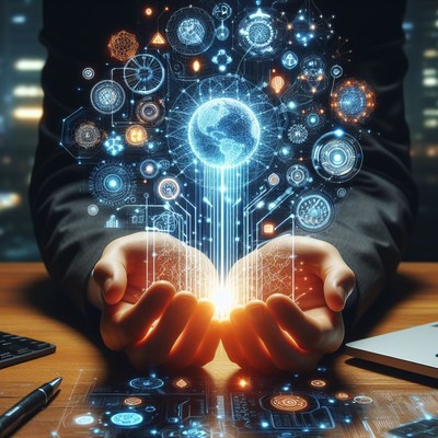 Person holding digital globe with data